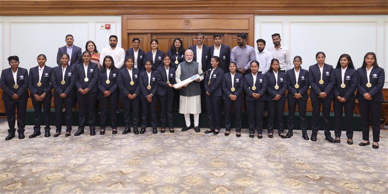 PM meets the victorious Women’s Blind Cricket Team, which won the T20 World Cup, in New Delhi on November 27, 2025.