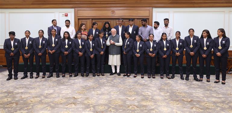 PM meets the victorious Women’s Blind Cricket Team, which won the T20 World Cup, in New Delhi on November 27, 2025.