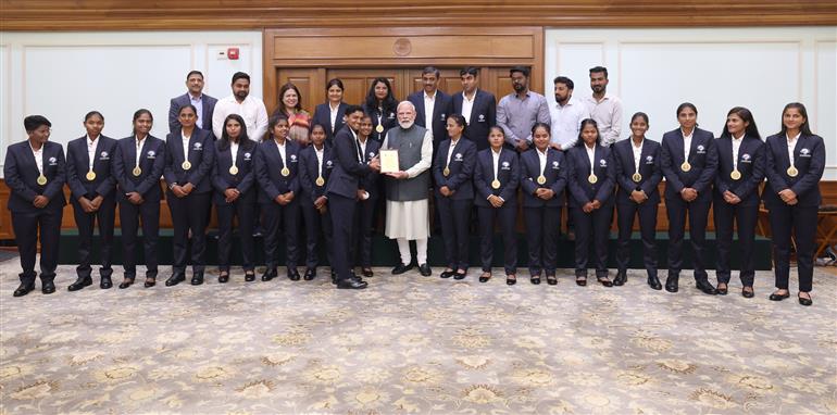 PM meets the victorious Women’s Blind Cricket Team, which won the T20 World Cup, in New Delhi on November 27, 2025.