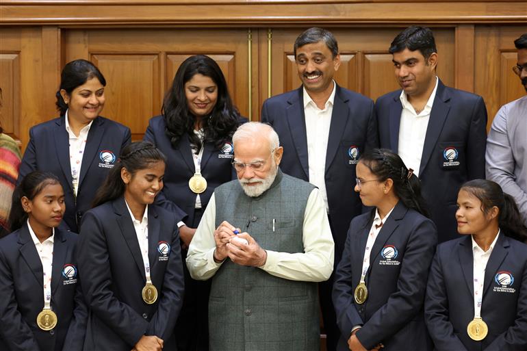 PM meets the victorious Women’s Blind Cricket Team, which won the T20 World Cup, in New Delhi on November 27, 2025.