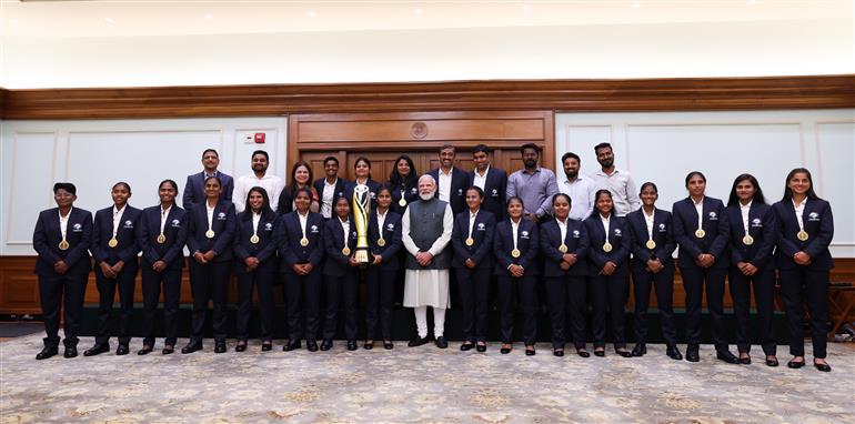 PM meets the victorious Women’s Blind Cricket Team, which won the T20 World Cup, in New Delhi on November 27, 2025.