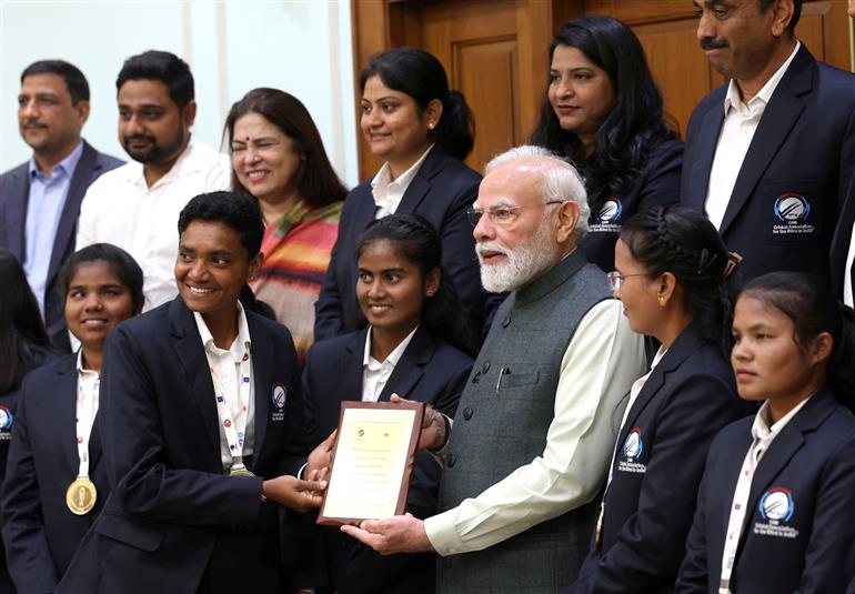 PM meets the victorious Women’s Blind Cricket Team, which won the T20 World Cup, in New Delhi on November 27, 2025.