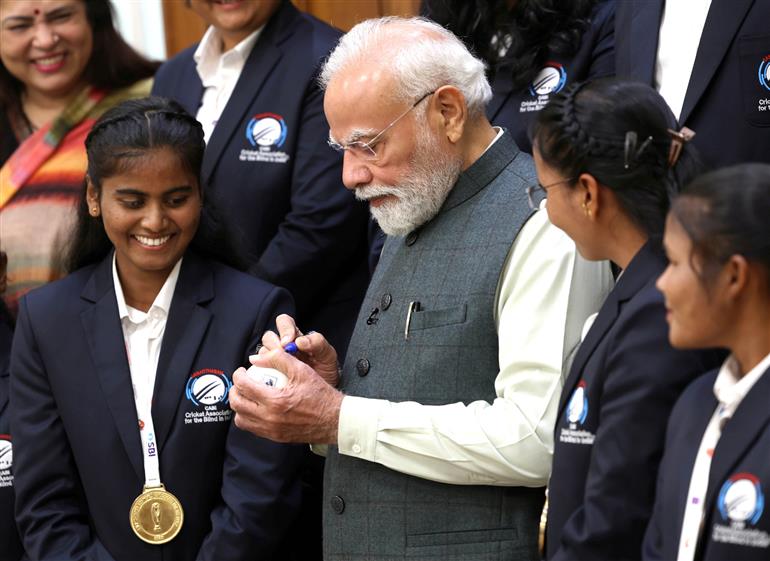 PM meets the victorious Women’s Blind Cricket Team, which won the T20 World Cup, in New Delhi on November 27, 2025.