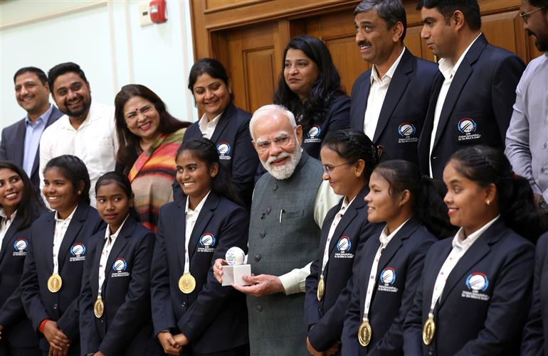 PM meets the victorious Women’s Blind Cricket Team, which won the T20 World Cup, in New Delhi on November 27, 2025.