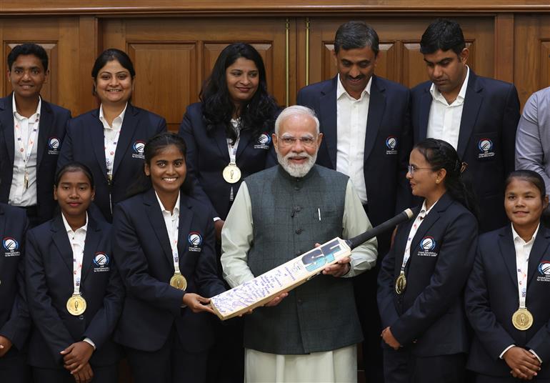 PM meets the victorious Women’s Blind Cricket Team, which won the T20 World Cup, in New Delhi on November 27, 2025.