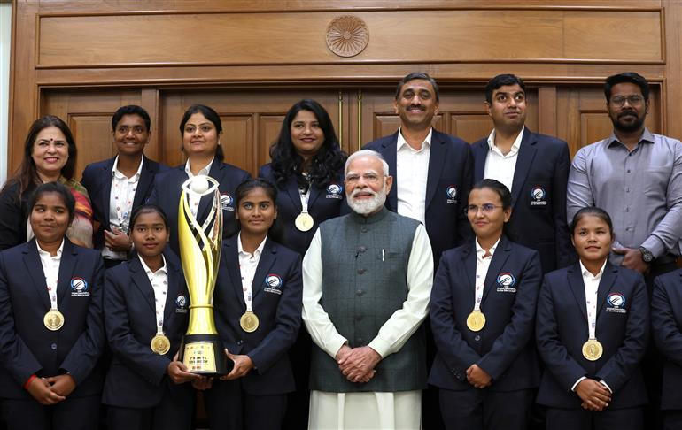 PM meets the victorious Women’s Blind Cricket Team, which won the T20 World Cup, in New Delhi on November 27, 2025.