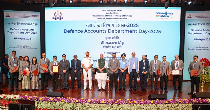 The Union Minister for Defence, Shri Rajnath Singh in a group photograph during the 278th Foundation Day of the Defence Accounts Department (DAD), in New Delhi on October 01, 2025.