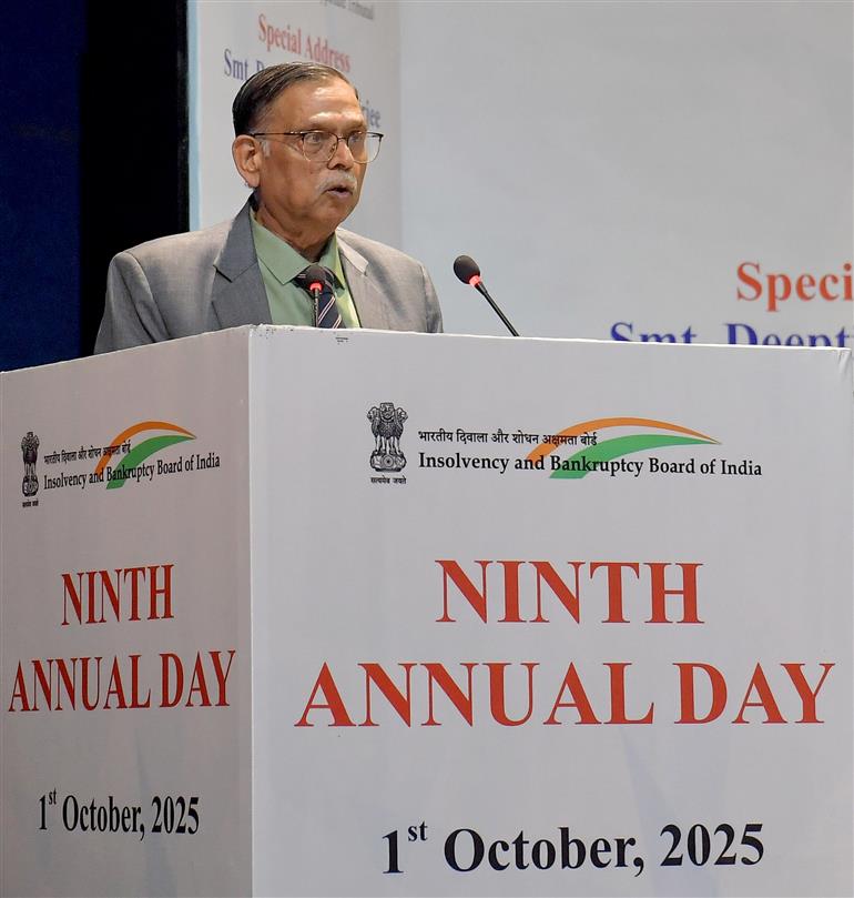 The Chairperson, National Company Law Appellate Tribunal, Shri Justice Ashok Bhushan addressing at the Ninth Annual Day of Insolvency and Bankruptcy Board of India, in New Delhi on October 01, 2025.