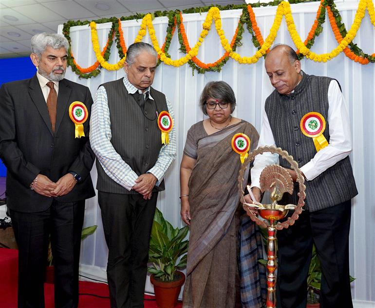 The Chairman, UPSC, Dr. Ajay Kumar lighting the lamp at the inauguration of the Union Public Service Commission (UPSC) 99th Foundation Day Celebration, in New Delhi on October 01, 2025.