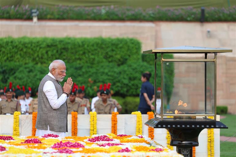 PM performing parikrama at the Samadhi of Mahatma Gandhi on the occasion of Gandhi Jayanti at Rajghat, in Delhi on October 02, 2025.
