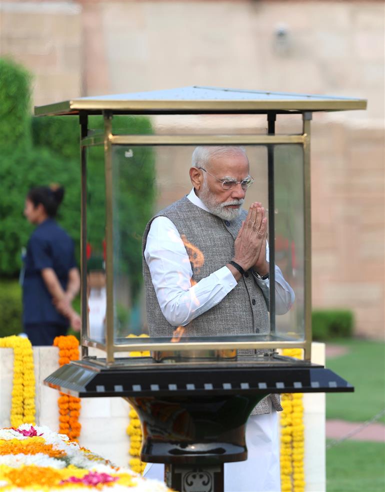 PM performing parikrama at the Samadhi of Mahatma Gandhi on the occasion of Gandhi Jayanti at Rajghat, in Delhi on October 02, 2025.