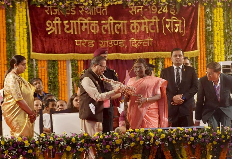 The President of India, Smt Droupadi Murmu graced the Dussehra festival celebrations organized by the Shri Dharmik Leela Committee at Red Fort, in Delhi on October 02, 2025.