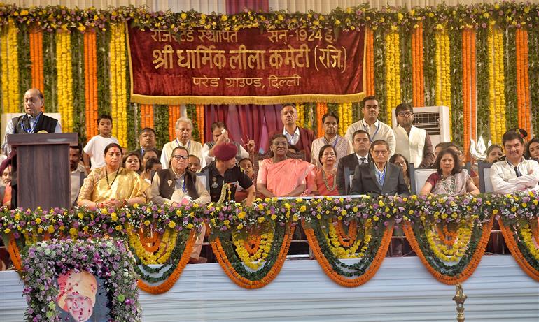 The President of India, Smt Droupadi Murmu graced the Dussehra festival celebrations organized by the Shri Dharmik Leela Committee at Red Fort, in Delhi on October 02, 2025.