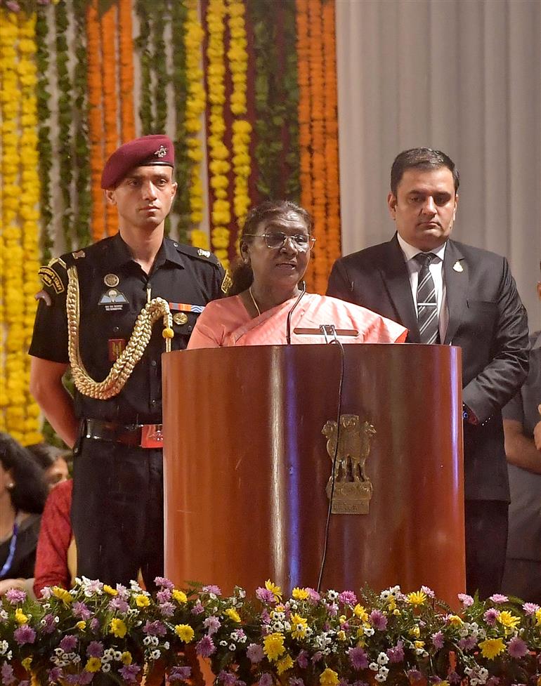 The President of India, Smt Droupadi Murmu addressing at the Dussehra festival celebrations organized by the Shri Dharmik Leela Committee at Red Fort, in Delhi on October 02, 2025.
