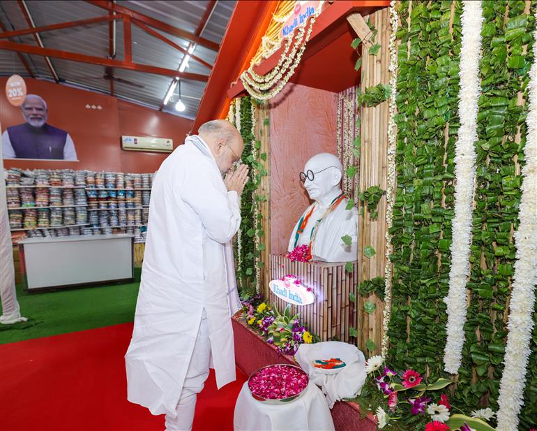 The Union Minister for Home Affairs and Cooperation, Shri Amit Shah visits Khadi India showroom on the occasion of Gandhi Jayanti at Connaught Place, in New Delhi on October 02, 2025.