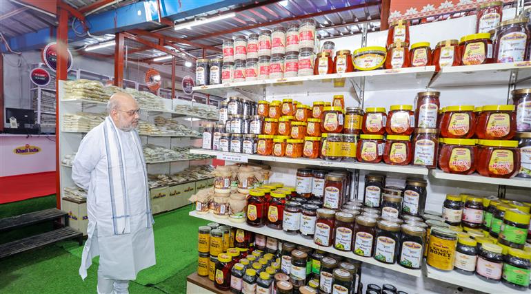 The Union Minister for Home Affairs and Cooperation, Shri Amit Shah visits Khadi India showroom on the occasion of Gandhi Jayanti at Connaught Place, in New Delhi on October 02, 2025.