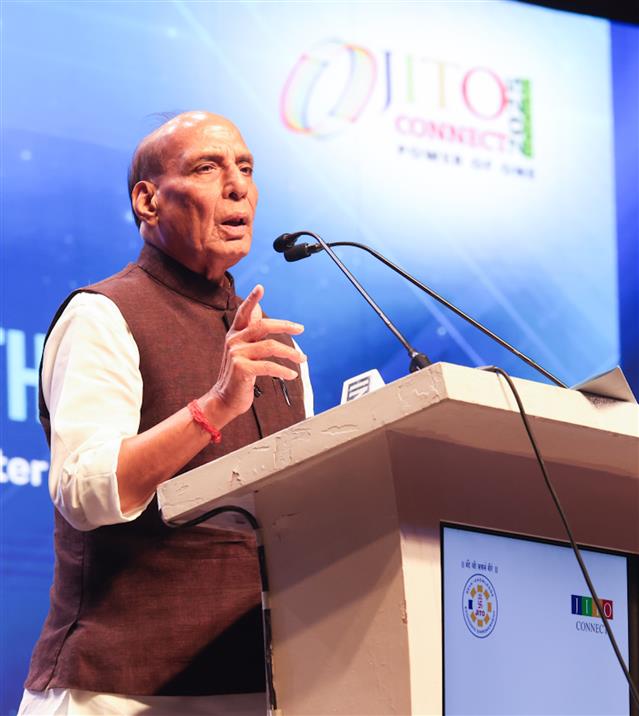 The Union Minister for Defence, Shri Rajnath Singh addressing at an event organised by Jain International Trade Community (JITO), in Hyderabad on October 03, 2025.