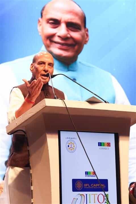 The Union Minister for Defence, Shri Rajnath Singh addressing at an event organised by Jain International Trade Community (JITO), in Hyderabad on October 03, 2025.