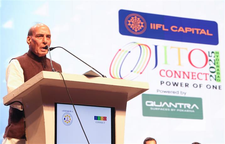 The Union Minister for Defence, Shri Rajnath Singh addressing at an event organised by Jain International Trade Community (JITO), in Hyderabad on October 03, 2025.