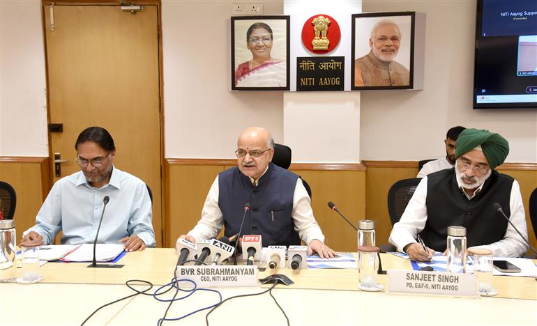 The CEO, NITI Aayog, Shri B.V.R. Subrahmanyam addressing at the release of the report NITI Tax Policy Working Paper Series- I “Enhancing Certainty, Transparency and Uniformity in Permanent Establishment and Profit Attribution for Foreign Investors in India”, in New Delhi on October 03, 2025.