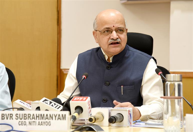 The CEO, NITI Aayog, Shri B.V.R. Subrahmanyam addressing at the release of the report NITI Tax Policy Working Paper Series- I “Enhancing Certainty, Transparency and Uniformity in Permanent Establishment and Profit Attribution for Foreign Investors in India”, in New Delhi on October 03, 2025.