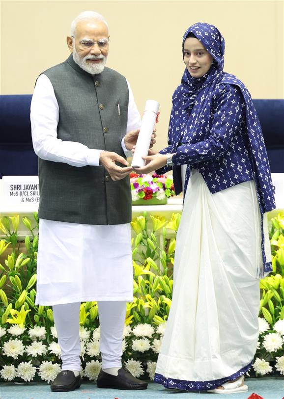 PM graced the Kaushal Deekshant Samaroh held on the sidelines of the unveils of various youth-focused initiatives at Vigyan Bhawan, in New Delhi on October 04, 2025.