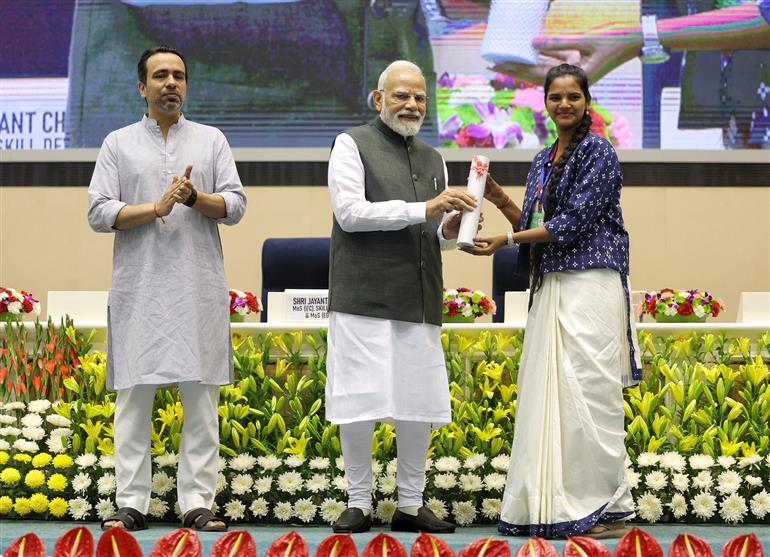 PM graced the Kaushal Deekshant Samaroh held on the sidelines of the unveils of various youth-focused initiatives at Vigyan Bhawan, in New Delhi on October 04, 2025.