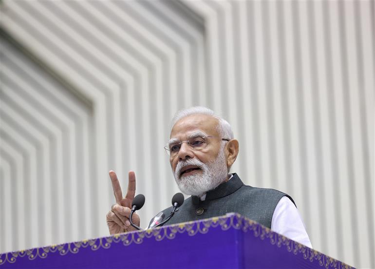 PM addressing the gathering at Kaushal Deekshant Samaroh held on the sidelines of the unveils of various youth-focused initiatives at Vigyan Bhawan, in New Delhi on October 04, 2025.