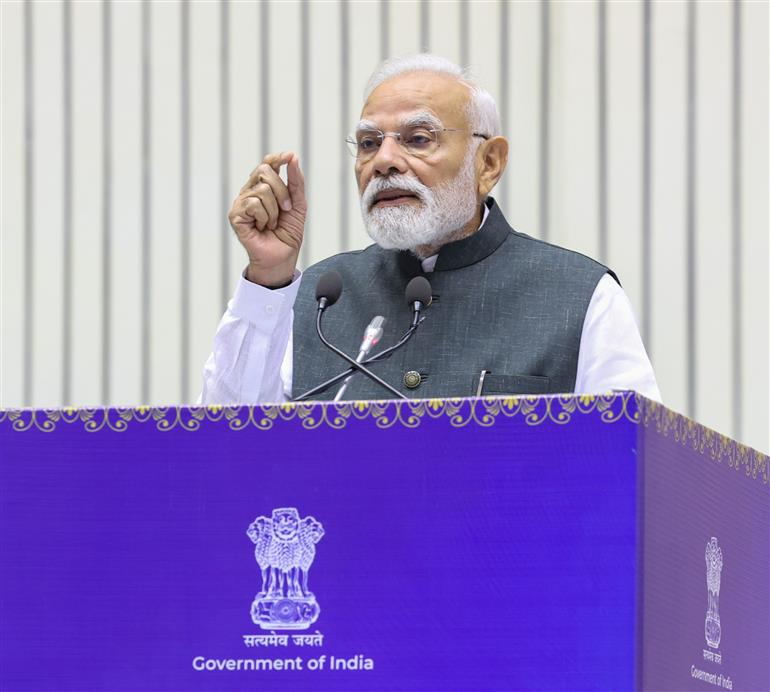 PM addressing the gathering at Kaushal Deekshant Samaroh held on the sidelines of the unveils of various youth-focused initiatives at Vigyan Bhawan, in New Delhi on October 04, 2025.