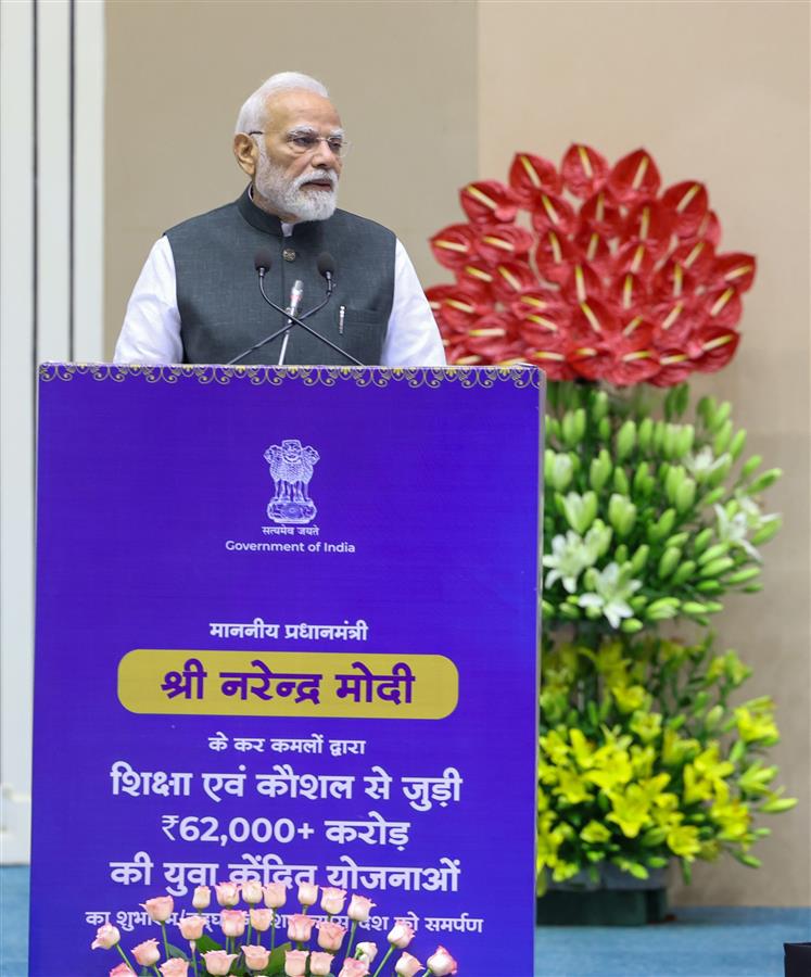 PM addressing the gathering at Kaushal Deekshant Samaroh held on the sidelines of the unveils of various youth-focused initiatives at Vigyan Bhawan, in New Delhi on October 04, 2025.