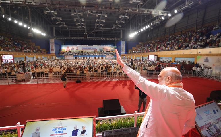 The Union Minister for Home Affairs and Cooperation, Shri Amit Shah inaugurates and lays foundation stone for the Goa government’s ‘Mhaje Ghar Yojana’ and various development projects at “Syamaprasad Mookerjee Stadium”,Bambolim, Goa on October 04, 2025.