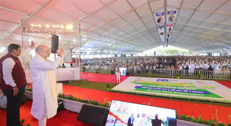 The Union Minister for Home Affairs and Cooperation, Shri Amit Shah attends during the inaugurates country’s first cooperative multi-feed Compressed Biogas plant at Kopargaon,  Ahilyanagar, in Maharashtra on October 5, 2025.