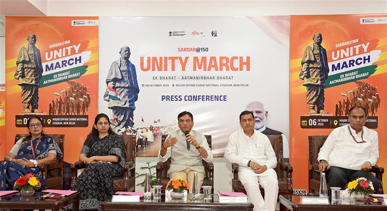The Union Minister of Labour & Employment and Youth Affairs & Sports, Dr. Mansukh Mandaviya addressing the Press Conference at the launch of Sardar@150 Unity March campaign, in New Delhi on October 06, 2025.