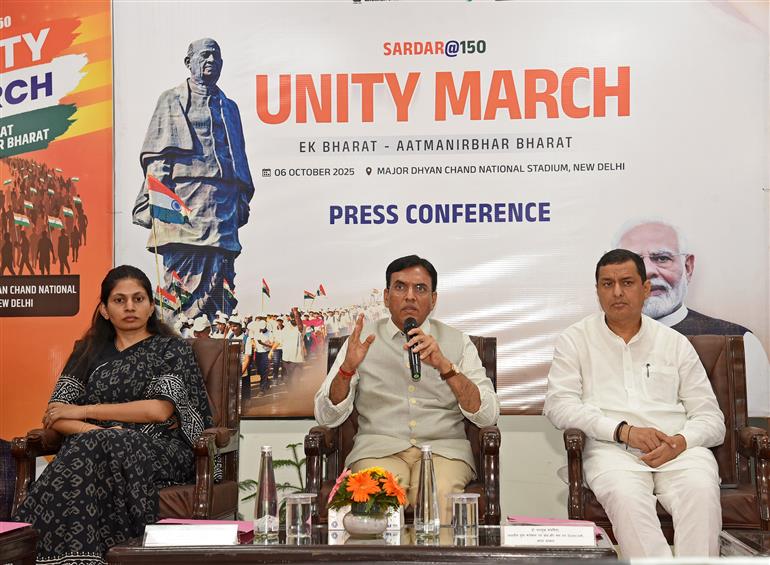 The Union Minister of Labour & Employment and Youth Affairs & Sports, Dr. Mansukh Mandaviya addressing the Press Conference at the launch of Sardar@150 Unity March campaign, in New Delhi on October 06, 2025.