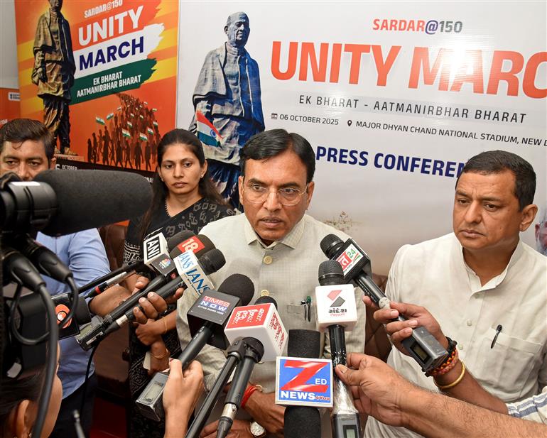 The Union Minister of Labour & Employment and Youth Affairs & Sports, Dr. Mansukh Mandaviya interacting with media at the launch of Sardar@150 Unity March campaign, in New Delhi on October 06, 2025.