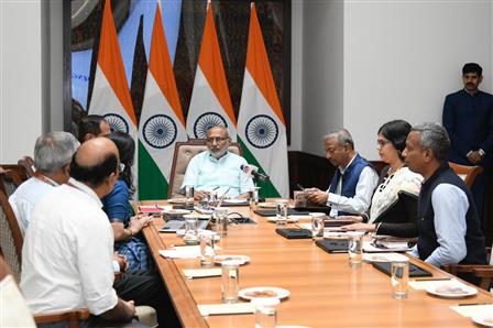 The Vice President of India & Chairman of the Rajya Sabha, Shri C. P. Radhakrishnan interacted with the officials of the Rajya Sabha Secretariat and reviewed its functioning, including its role in providing legislative, administrative, and procedural support to the House and its Members at Rajya Sabha Secretariat, in New Delhi on October 06, 2025.