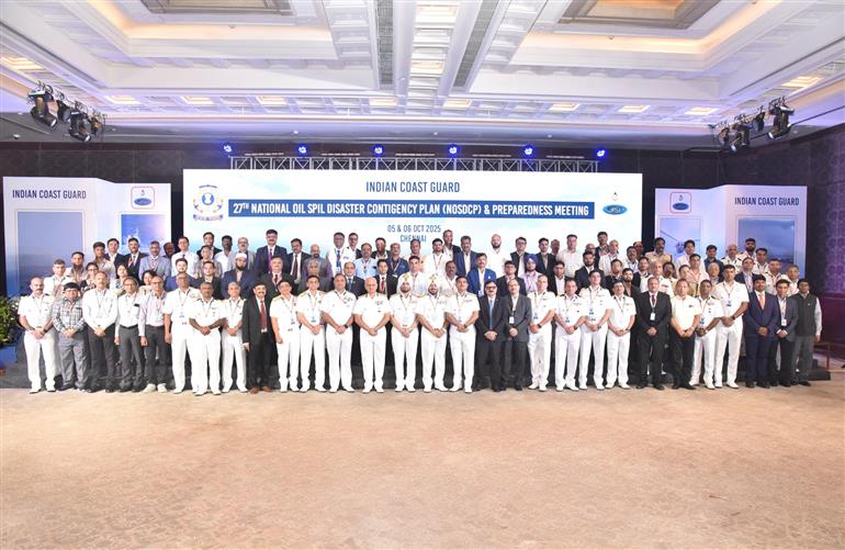 The Director General, ICG, Shri Paramesh Sivamani in a group photograph during the 10th edition of the National Level Pollution Response Exercise (NATPOLREX-X) along with the 27th National Oil Spill Disaster Contingency Plan (NOSDCP), in Tamil Nadu on October 06, 2025.