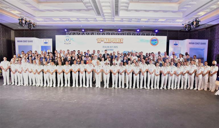The Director General, ICG, Shri Paramesh Sivamani in a group photograph during the 10th edition of the National Level Pollution Response Exercise (NATPOLREX-X) along with the 27th National Oil Spill Disaster Contingency Plan (NOSDCP), in Tamil Nadu on October 06, 2025.