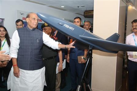 The Union Minister for Defence, Shri Rajnath Singh visits an exhibition during the Raksha Navachar Samvaad at Vigyan Bhawan, in New Delhi on October 07, 2025.