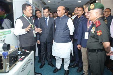 The Union Minister for Defence, Shri Rajnath Singh visits an exhibition during the Raksha Navachar Samvaad at Vigyan Bhawan, in New Delhi on October 07, 2025.
