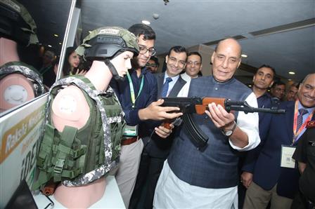 The Union Minister for Defence, Shri Rajnath Singh visits an exhibition during the Raksha Navachar Samvaad at Vigyan Bhawan, in New Delhi on October 07, 2025.