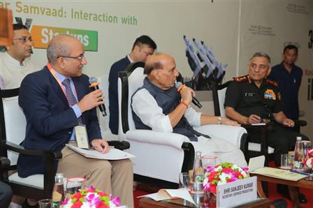 The Union Minister for Defence, Shri Rajnath Singh interacting with iDEX Startups during Raksha Navachar Samvaad at Vigyan Bhawan, in New Delhi on October 07, 2025.