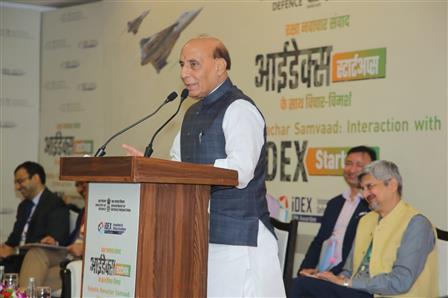 The Union Minister for Defence, Shri Rajnath Singh interacting with iDEX Startups during Raksha Navachar Samvaad at Vigyan Bhawan, in New Delhi on October 07, 2025.