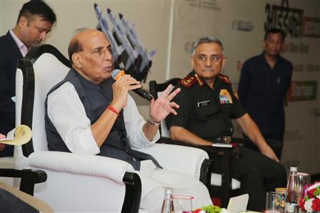 The Union Minister for Defence, Shri Rajnath Singh interacting with iDEX Startups during Raksha Navachar Samvaad at Vigyan Bhawan, in New Delhi on October 07, 2025.