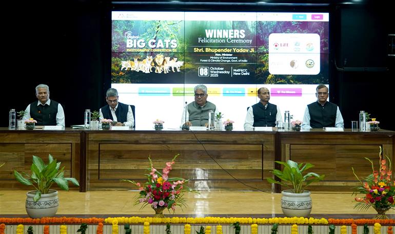 The Union Minister for Environment, Forest and Climate Change, Shri Bhupender Yadav attends the Award Ceremony of Global Big Cats Photography Competition 2025, in New Delhi on October 08, 2025. 