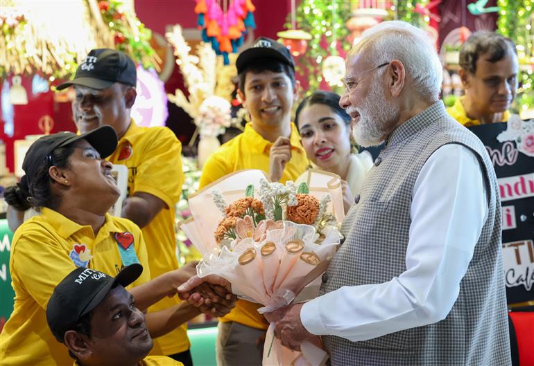 PM visits an exhibition during the inauguration of the Navi Mumbai International Airport at Mumbai, in Maharashtra on October 08, 2025.