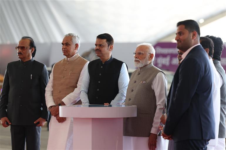 PM visits an exhibition during the inauguration of the Navi Mumbai International Airport at Mumbai, in Maharashtra on October 08, 2025.