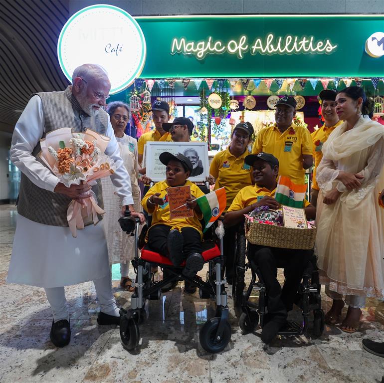 PM visits an exhibition during the inauguration of the Navi Mumbai International Airport at Mumbai, in Maharashtra on October 08, 2025.