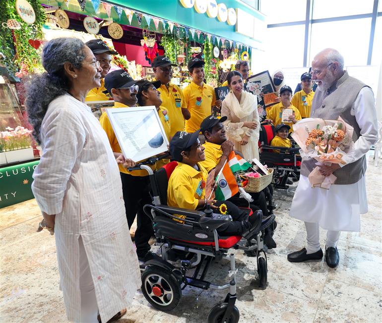 PM visits an exhibition during the inauguration of the Navi Mumbai International Airport at Mumbai, in Maharashtra on October 08, 2025.