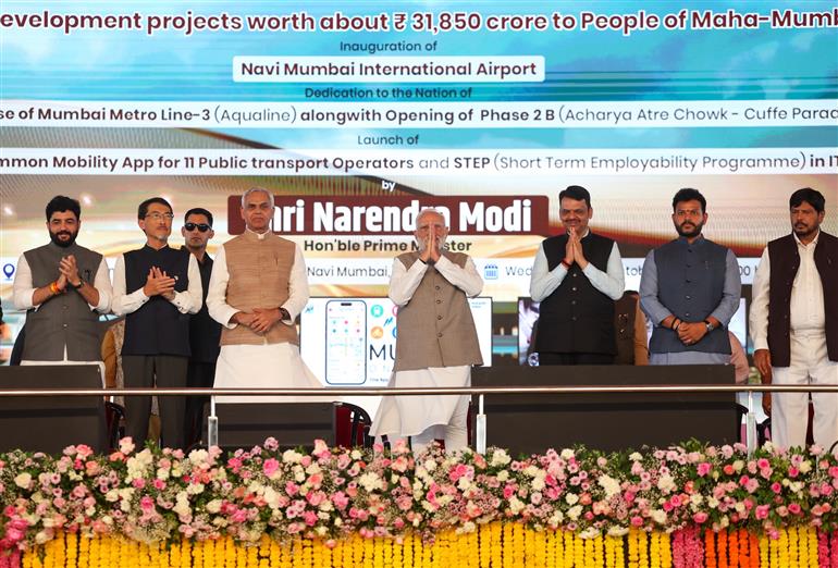 PM at the inauguration of the Navi Mumbai International Airport and Mumbai Metro Line-3 at Mumbai, in Maharashtra on October 08, 2025. 